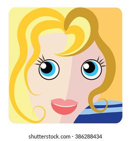 Woman head icon vector. Blonde curly haired beautiful young girl smiling face in square button. Vector user icon, avatar icon, personal user picture, blog icon.