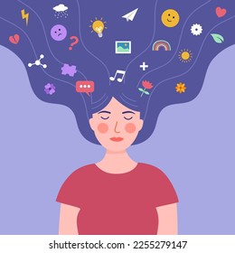 Woman head with icons. Mental health care concept vector illustration. Psychological therapy and treatment. Mind care.