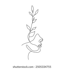 Woman Head with Leaves Line Art Vector Drawing. Ecology Symbol with Female Profile with Leaves. Modern Minimalist Simple Linear Style. Beauty Fashion Design