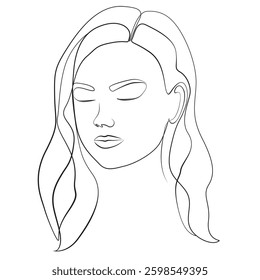 Woman head line drawing on white isolated background. Beautiful girl face with full lips, closed eyes and styled hair