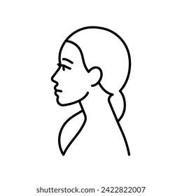 Woman head, line icon. Female portrait, side view, profile - head, hair, eyes, nose, lips, neck, shoulder. Linear illustration of young pretty woman. Editable stroke, thin line, realistic shape