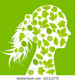 Woman head made with leaves ecology vector background concept