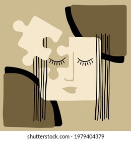 Woman head made from puzzle pieces - anxiety, psychology, overwork. Vector illustration
