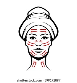 woman head, massage face lines, neck, vector illustration