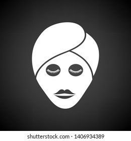 Woman Head With Moisturizing Mask Icon. White on Black Background. Vector Illustration.