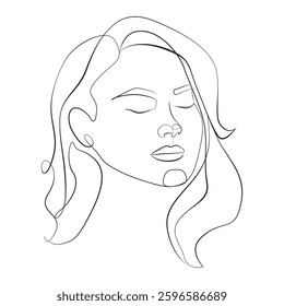 Woman head one line drawing on white isolated background. Beautiful girl face with full lips, closed eyes and styled hair