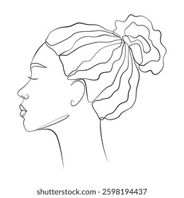 Woman head one line drawing on white isolated background, side view. Hair pulled back into a bun