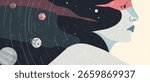 Woman head and outer space with planets, banner of astrology, astronomy, concept of inner world, research and modern science. Flat vector illustration.
