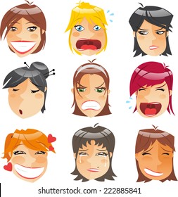 Woman Head People Character Avatar Expressions Profile Front View Set, vector illustration. 