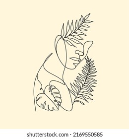 Woman Head of Plants Line Art Drawing. Flower Head Line Drawing Minimalist Illustration. Female Line Art, Wall Art Sketch Woman, Illustration. Cosmetics Logo