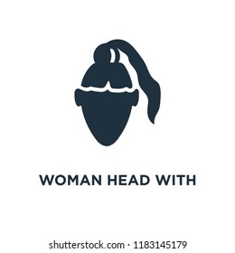 Woman Head with Ponytail icon. Black filled vector illustration. Woman Head with Ponytail symbol on white background. Can be used in web and mobile.