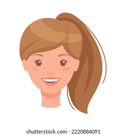 Woman Head with Ponytail Showing Happy Face Expression and Emotion Laughing Front Vector Illustration