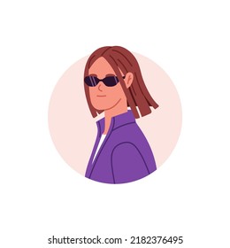 Woman Head Portrait. Cool Girl Agent In Sunglasses. Face Avatar For Confidential Secret User Profile. Female Detective In Sun Glasses. Flat Vector Illustration Isolated On White Background