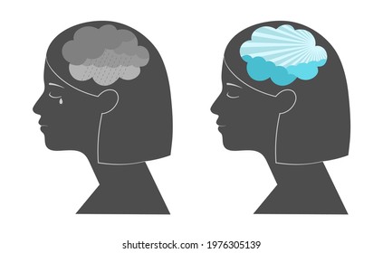 Woman head profile with dark and clear sky. Negative thinking and meditation concept. Mental health care, depression, bipolar disorder