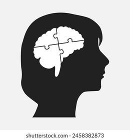 Woman head with puzzle brain divided into 4 parts, pieces. Template infographic, diagram, process. Four jigsaw puzzles for mind, strategy, education. Silhouette female face. Think, thought, psychology