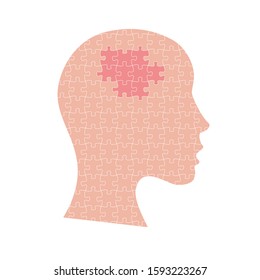 Woman head with puzzle and jigsaw inside. Brain cancer, oncology medicine concept. Cancer with tumor and cells as puzzle pieces. Vector illustration