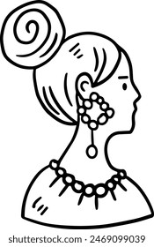 A woman with a head scarf and beads on her head. She has a serious expression on her face