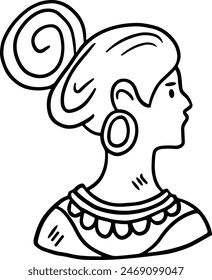 A woman with a head scarf and beads on her head. She has a serious expression on her face
