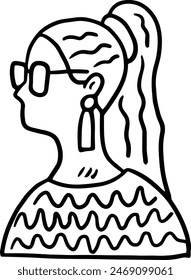 A woman with a head scarf and beads on her head. She has a serious expression on her face