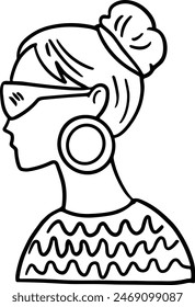 A woman with a head scarf and beads on her head. She has a serious expression on her face