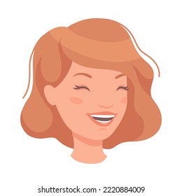 Woman Head with Short Brown Hair Showing Happy Face Expression and Emotion Laughing Half-turned Vector Illustration