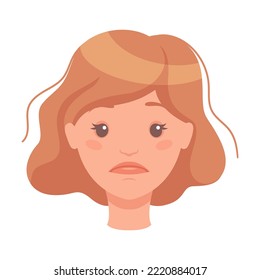 Woman Head with Short Brown Hair Showing Sad Face Expression and Emotion of Unhappiness Front Vector Illustration