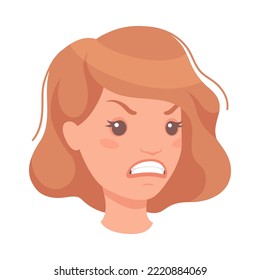 Woman Head with Short Brown Hair Showing Angry Face Expression and Emotion Frowning Half-turned Vector Illustration