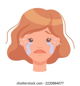 Woman Head with Short Brown Hair Showing Sad Face Expression and Emotion Crying Front Vector Illustration