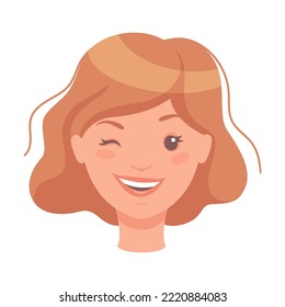 Woman Head with Short Brown Hair Showing Face Expression Winking and Smiling Vector Illustration