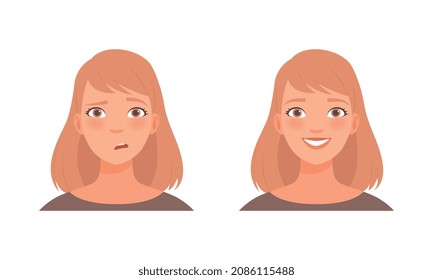 Woman Head With Short Hairstyle Smiling And Embarrased Facial Expression Vector Set