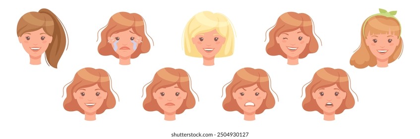 Woman Head Showing Face Expression and Emotion Vector Set