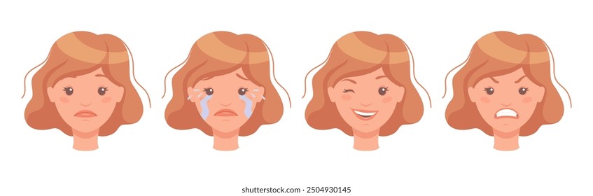 Woman Head Showing Face Expression and Emotion Vector Set
