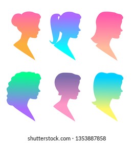 Woman head silhouette, face profile, vignette. Pretty girls silhouettes. silhouettes of haircuts and hairstyles, vector illustration. colorful gradient icon of lady.