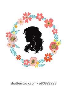 Woman head silhouette, face profile, vignette. Hand drawn vector illustration, isolated on white background. Design for invitation, greeting card, vintage style.
