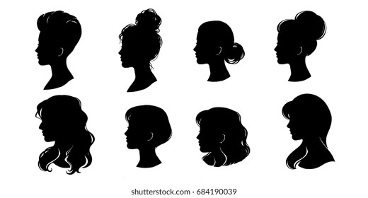 Woman head silhouette, face profile, vignette. Hand drawn vector illustration, isolated on white background. Design for invitation, greeting card, vintage style.
