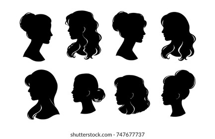 Woman head silhouette, face profile, vignette. Hand drawn vector illustration, isolated on white background. Design for invitation, greeting card, vintage style.