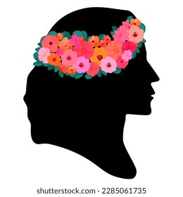 Woman head silhouette with floral wreath, isolated on white background