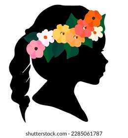 Woman head silhouette with floral wreath, isolated on white background