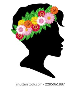 Woman head silhouette with floral wreath, isolated on white background