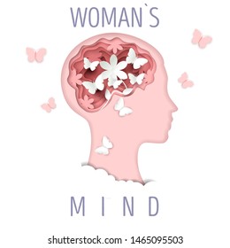 Woman Head Silhouette With Flowers And Butterflies, Vector Illustration In Paper Art Style. Psychology, Female Mind, Mental Health Concept.