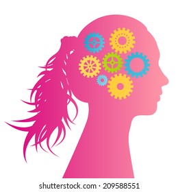 Woman head silhouette and gears vector background idea concept