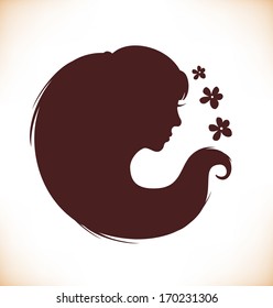 Woman head silhouette with long hear. Vector Isolated woman half face. Vintage image of stylish girl portrait in circle