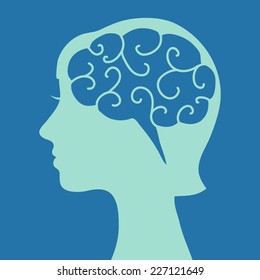 Woman head silhouette with symbolic brain as a speech bubble, minimal flat design vector illustration