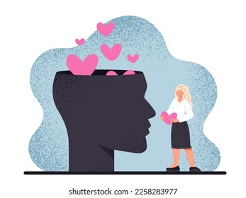 Woman with head silhouette. Young girl holds heart in her hands. Mindfulness, mental health and psychology. Serenity and inner peace, wellbeing. Cartoon flat vector illustration