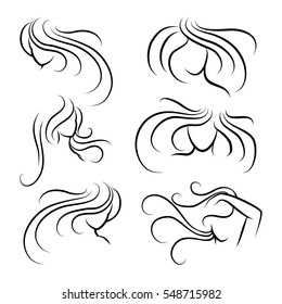 Woman head silhouettes with long hair isolated on white. Vector illustration