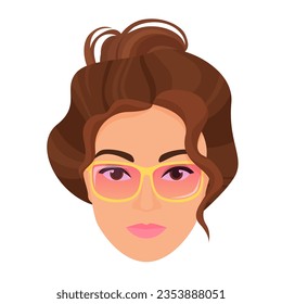 Woman head with stylish bun. Female face with glamorous glasses cartoon vector illustration