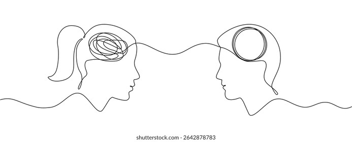 Cabeça de mulher com uma mente emaranhada e cabeça de homem com uma linha de pensamentos que se desenrola, uma linha editável contínua. Conceito vetorial de caos e problemas nas relações e no casamento, saúde mental