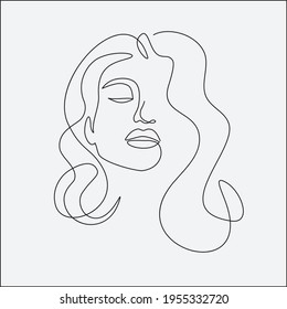 Woman head vector lineart illustration. One Line style drawing. 