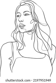 Woman head vector lineart illustration. One Line style drawing.