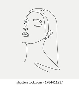 Woman head vector one-line art illustration. One Line style drawing. 